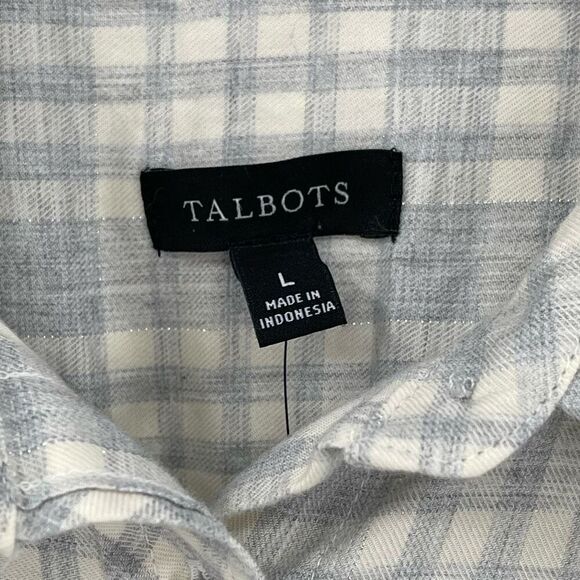 Talbots Long Sleeve Collared Button Up Shirt Plaid Cotton Women Large Cream Grey - Picture 3 of 5